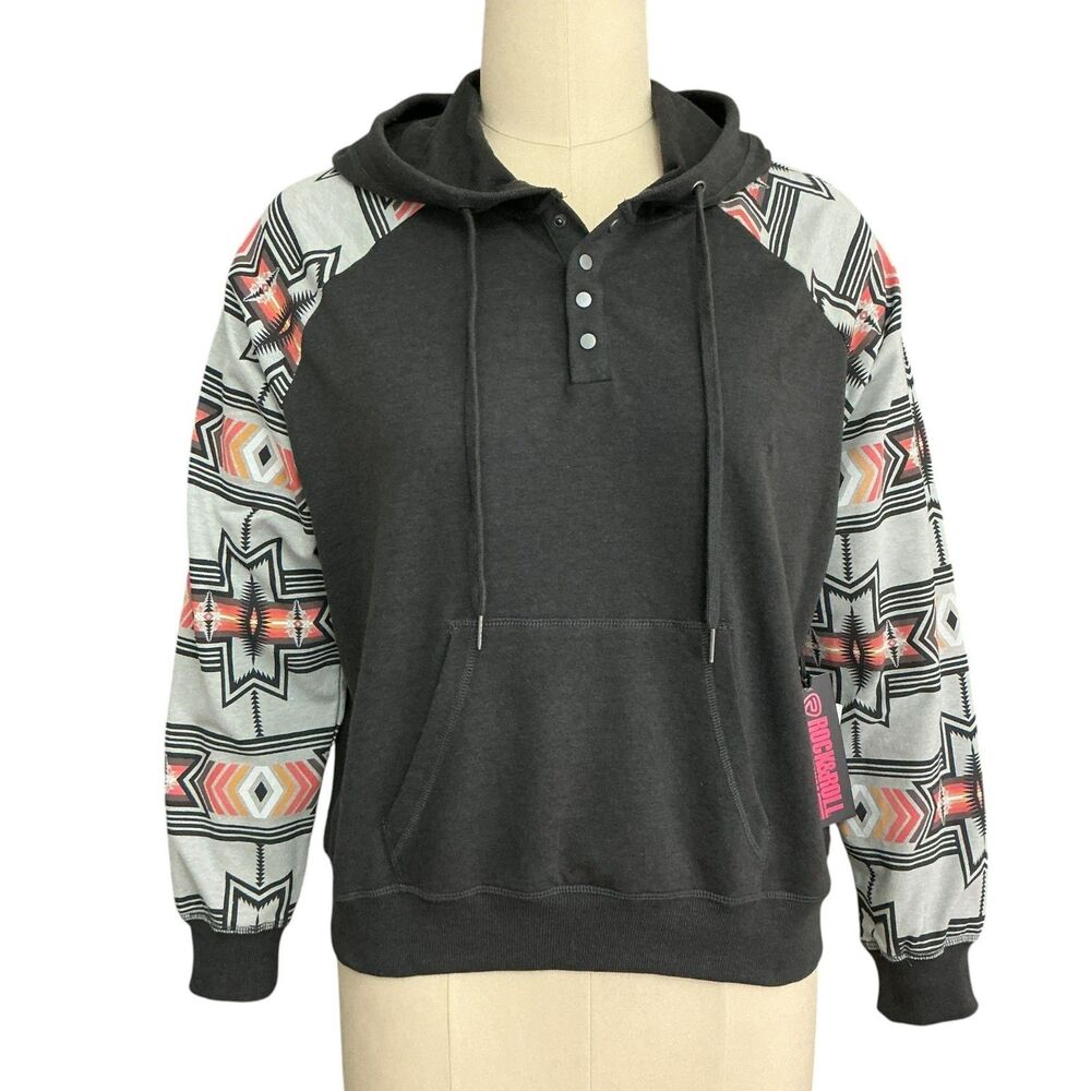 Rock & Roll Denim Womens Henley Hoodie Aztec Printed Sleeves sz XL Charcoal NWT